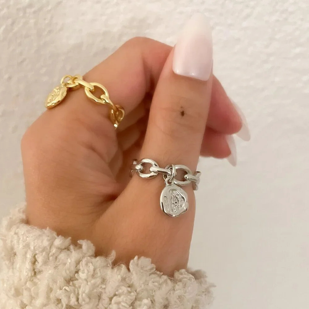 925 Sterling Silver Curb Chain Ring Chunky Dangle Charm Ring Dainty Boho Ring - Picture 7 of 9